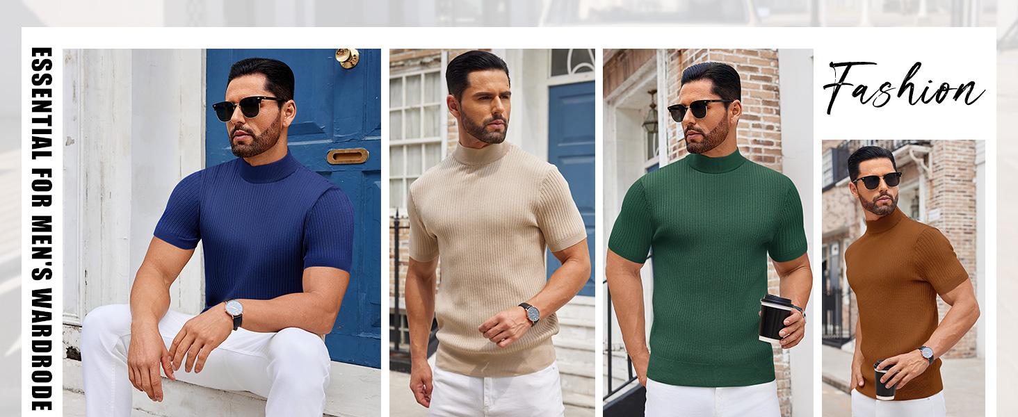 COOFANDY B Men's Mock Turtleneck Sweater Short Sleeve Casual Basic Tops Ribbed Knit Pullover Solid Tee