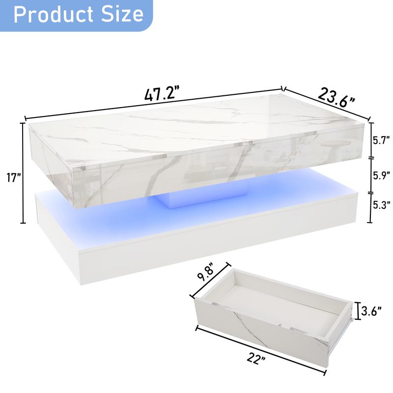 LED Coffee Table with 2 Storage Drawers Modern High Gloss Black Coffee Table w/20Colors LED Lights 2 Tiers Rectangle Center Table for Living Room with Marbling Print APP Control Futuristic Design