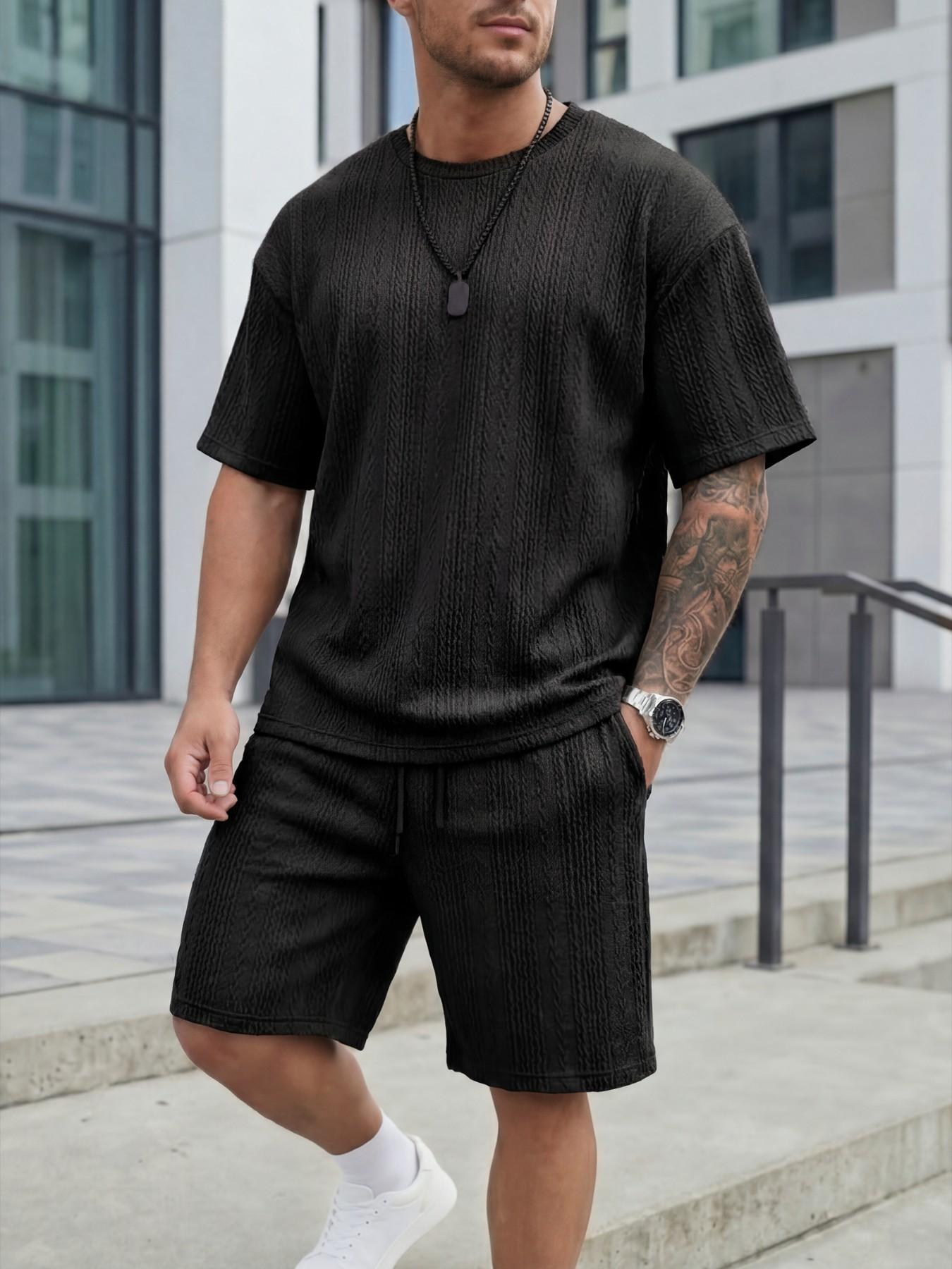 Men's Youth Textured Casual Vacation Outdoor Round Neck Loose Fit T-Shirt + Drawstring Shorts, Short Sleeve, Fitted, Plain, Contrast Binding