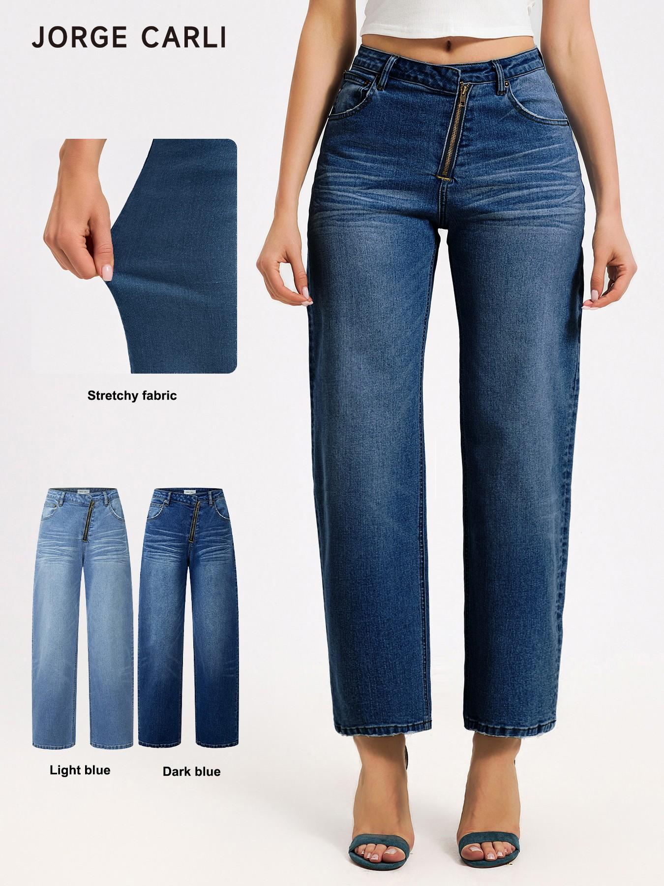 JORGE CARLI  Women's Mid-Waist Elastic Straight Leg Jeans, Front Zipper Design, Casual Office Wear, Versatile Nine-Part Wide Leg Pants