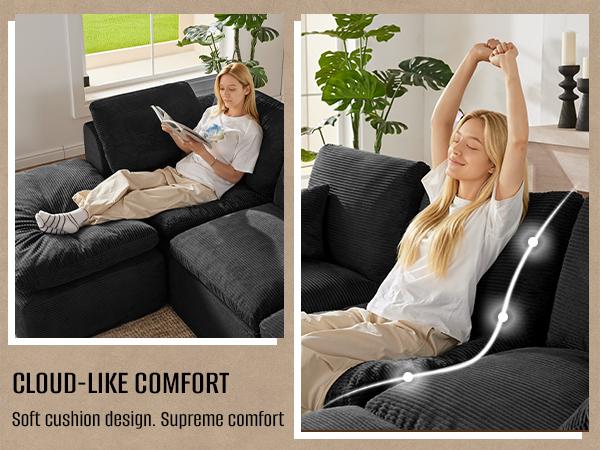 112" Cloud Sectional Couch, Boneless Couches for Living Room, L Shaped Couch with Convertible Ottoman, Modular Sectional Sofa with Deep Seat, Comfy Soft Cushions, No Assembly