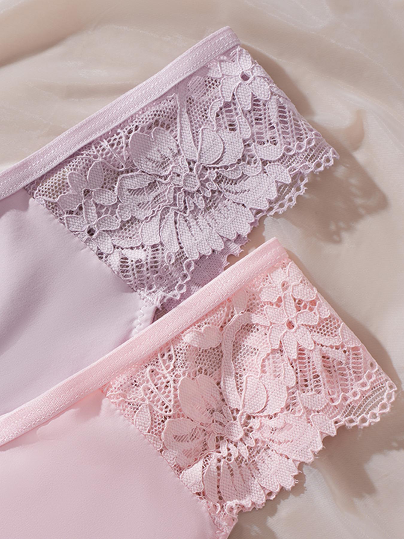 Women's Sexy Contrast Lace Thongs, Breathable Soft Comfort Underwear, Fitted Plain Design, All Seasons Wear, Pack of 6, Fashion Panties, Trim Lace Panty