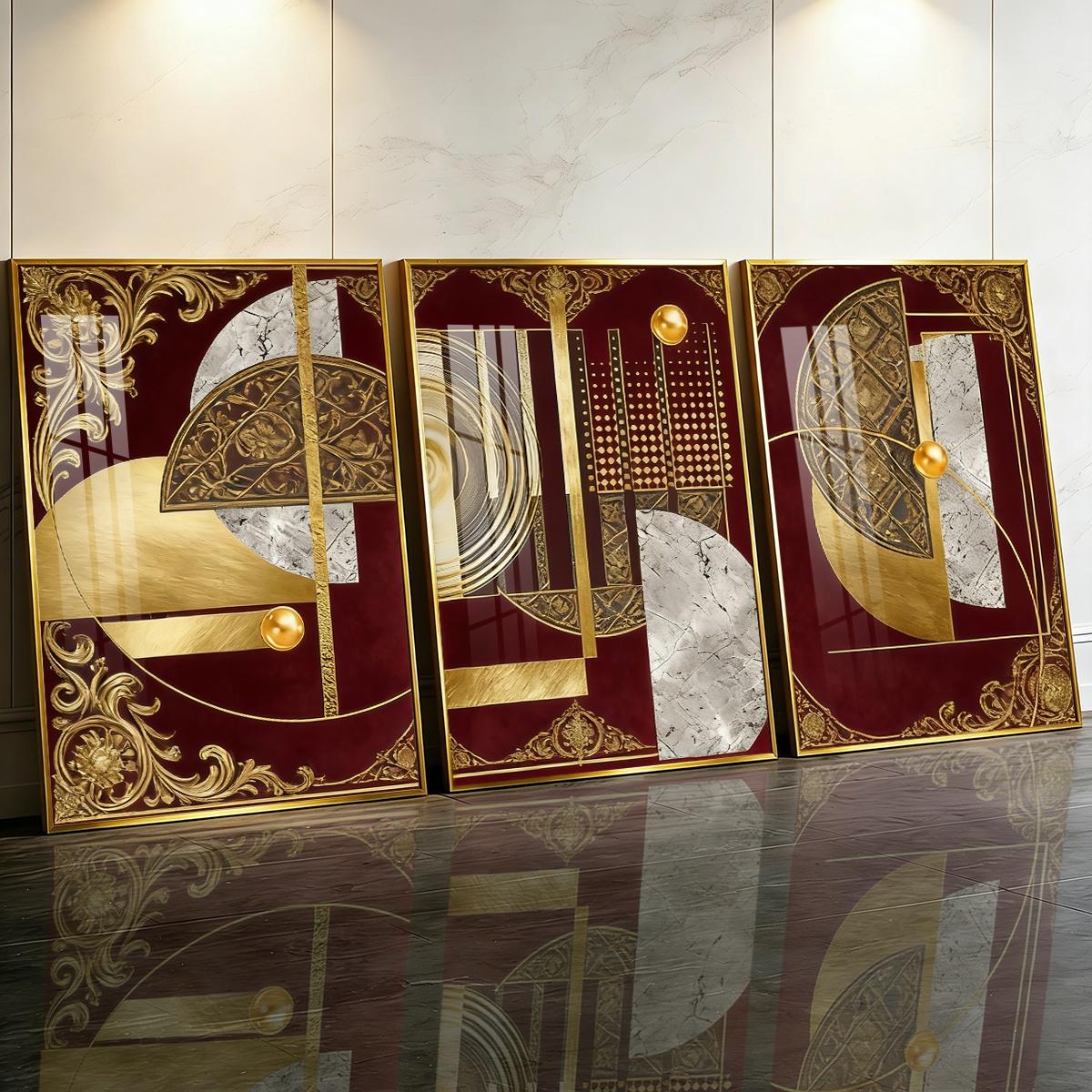 3 Counts Aluminum Alloy Framed Painting, Abstract Geometric Gold And Burgundy Art, Home Decoration For Living Room, Bedroom, Office, Restaurant, Hallway Wall Decor, Odorless Print Artwork, Luxury Perfect Gift For Friends And Family