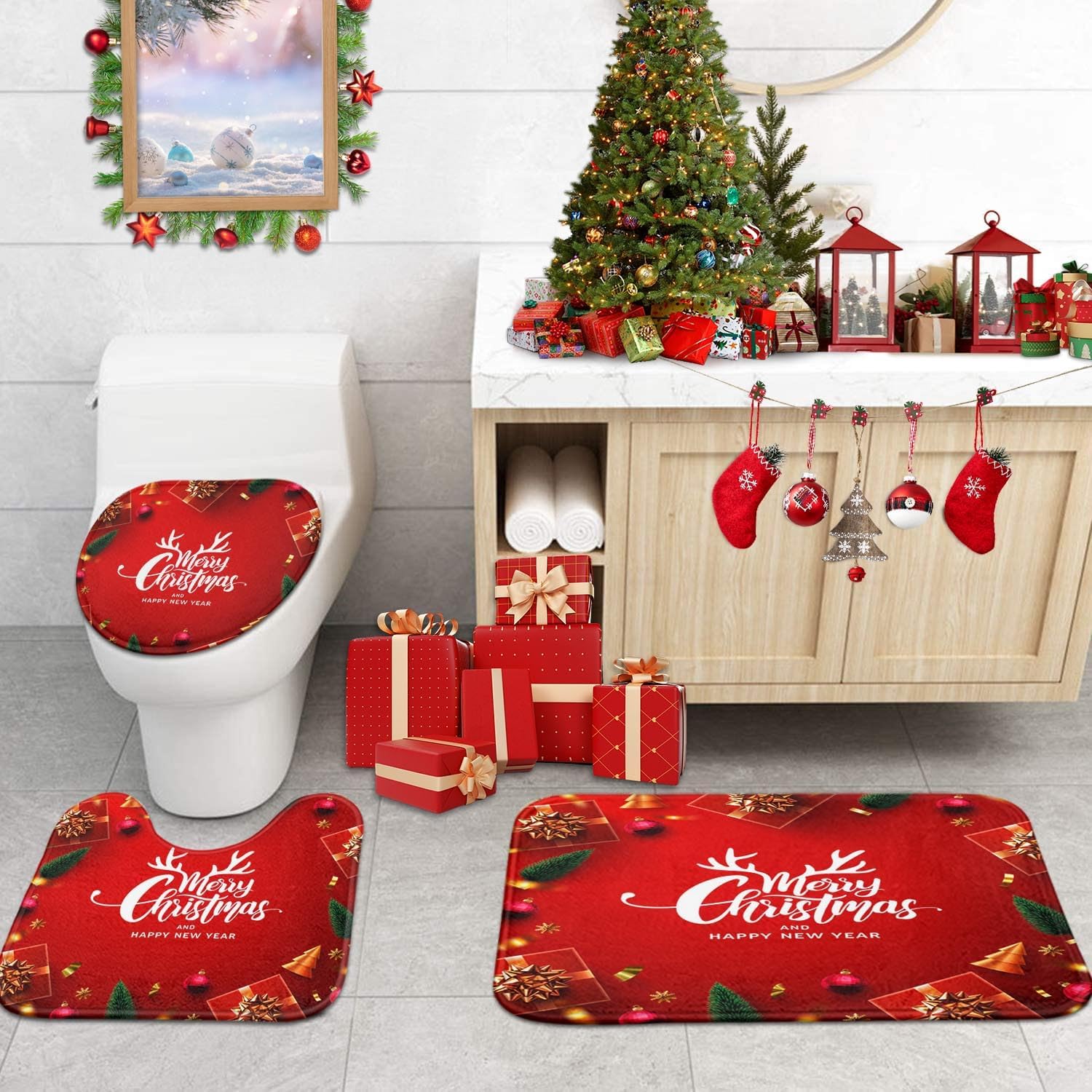 4 Pcs Shower Curtain Set Merry Christmas Happy New Year with Non-Slip Rugs Toilet Lid Cover and Bath Mat Bathroom Decor Set