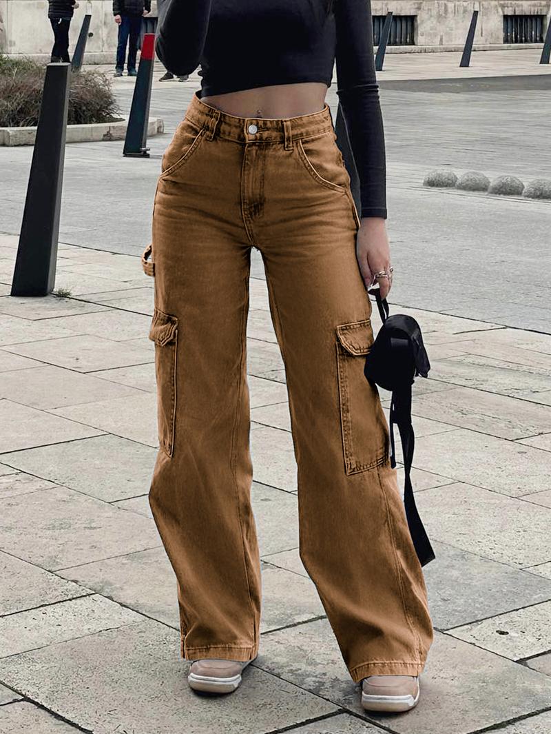 NVFelix Women's Black Cargo Jeans, Casual Utility Loose Fit Straight Leg Denim Pants, High Waisted Casual Trousers with Multiple Pockets for Everyday Streetwear