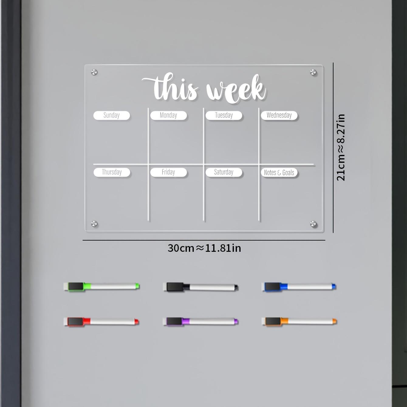 Transparent Acrylic Magnetic Refrigerator Fridge Calendar Magnetic Weekly Planner Board, Erasable Schedule Organizer, Home Memo Board with Multicolor Pens, Includes 6 Magnetic Whiteboard Pens