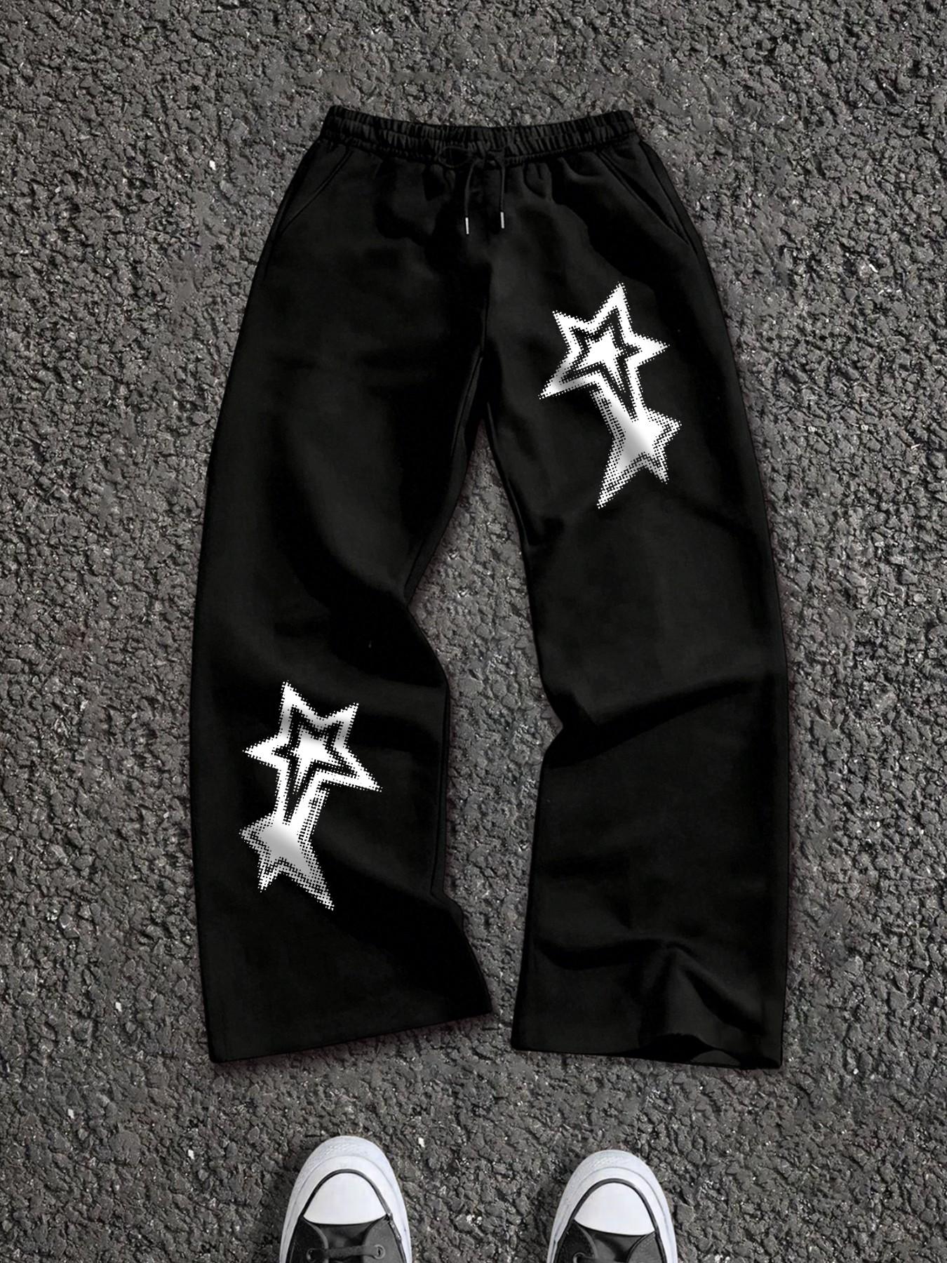 Men's Y2K Style Gradient Star Print Wide Leg Sweatpants, Base Silver Color Design, Loose Fit Straight Leg, Spring Fall Streetwear Pants, Menswear