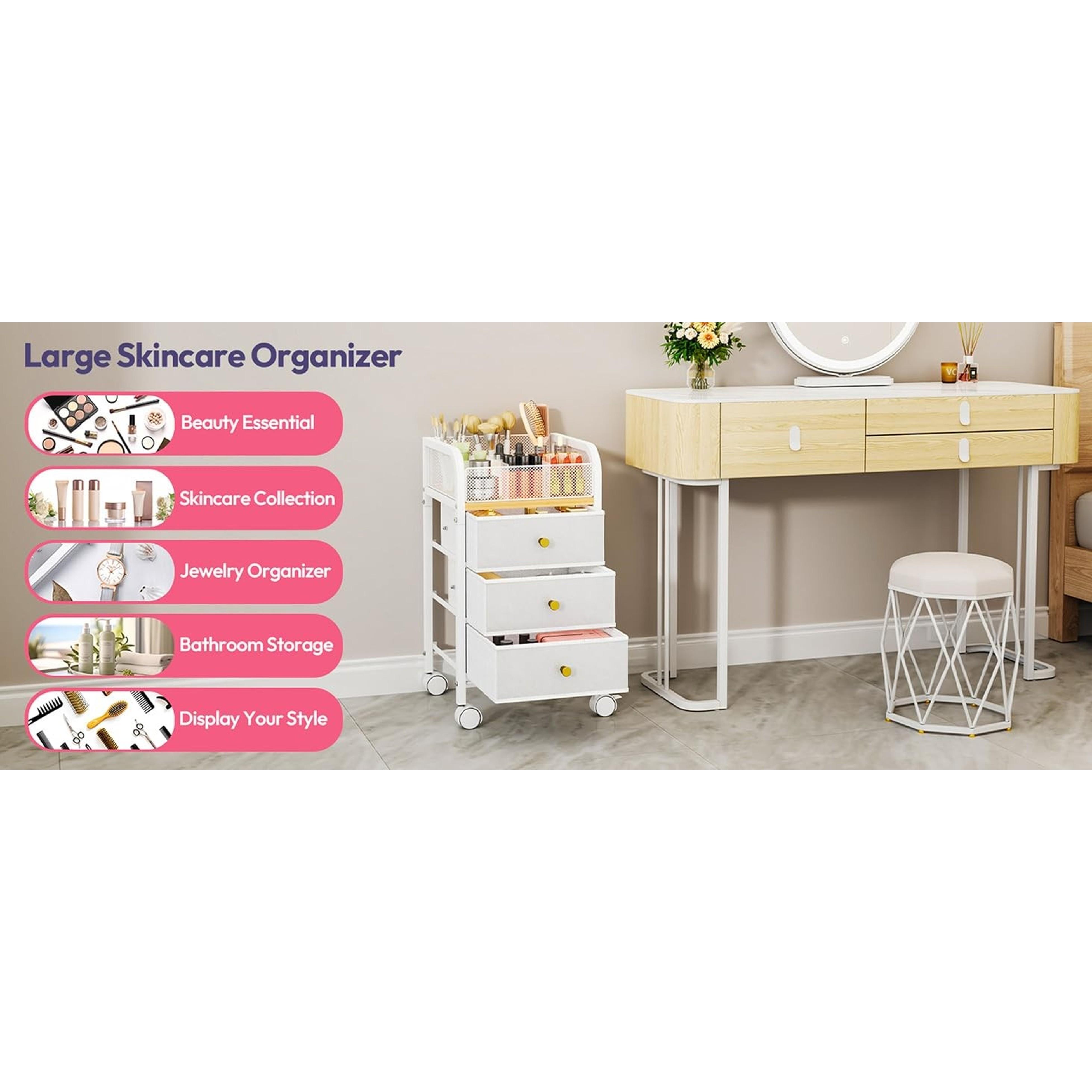 Rolling Makeup Organizer Cart - Under Desk Vanity Makeup Storage with 3 Non-woven Drawers, Nail Cart Organizer Cosmetic Display Cases Cabinet for Skin Care Perfume Nail Polish Brush Hair Tool