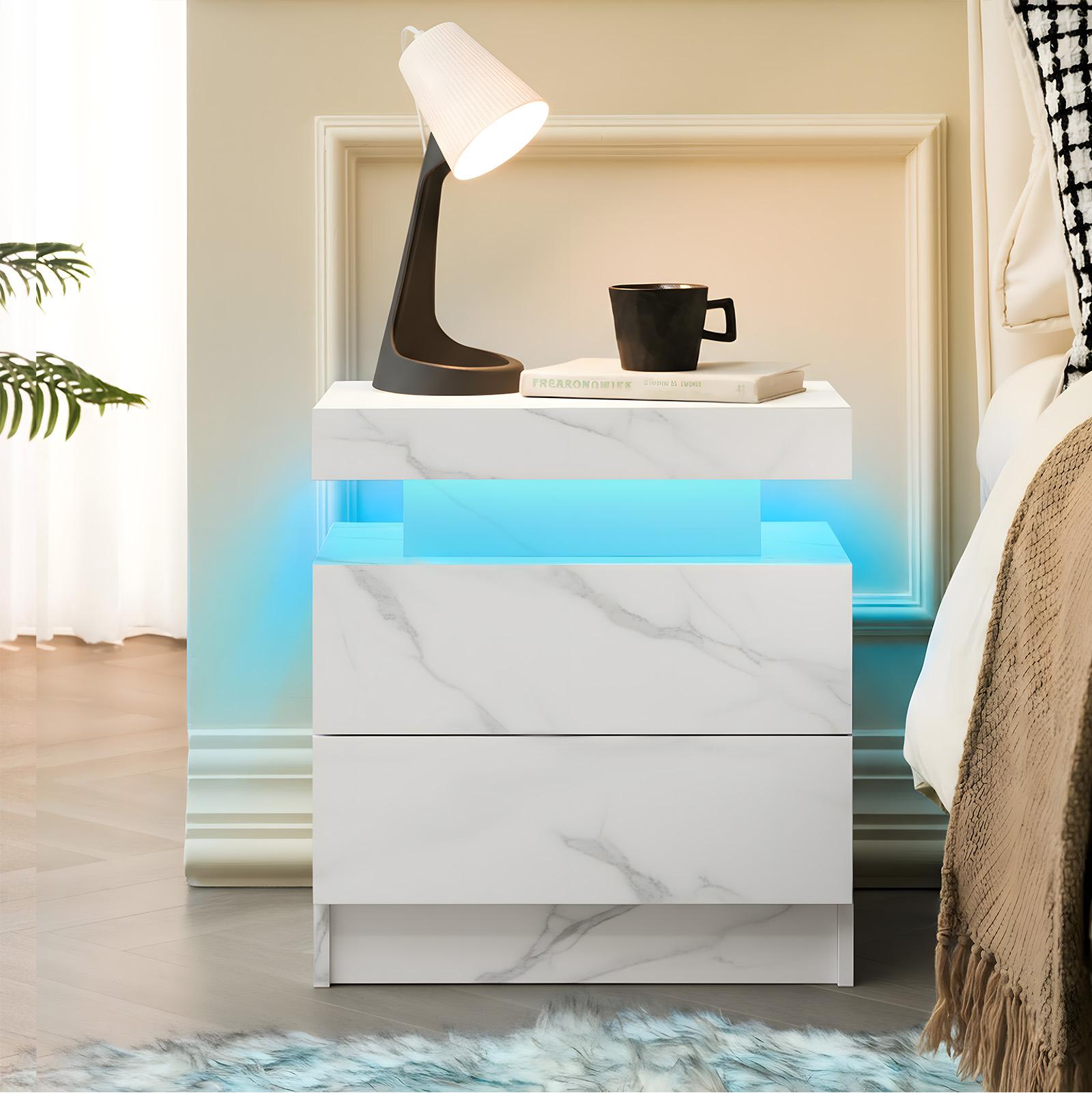 Modern Nightstand LED Bedside Table Cabinet with 2 Drawers Adjustable Multi-color Lights for Bedroom & Living Room Easy Assembly Modern Nightstand LED Bedside Table Cabinet with 2 Drawers Adjustable Multi-color Lights for Bedroom & Living Room Easy Assembly