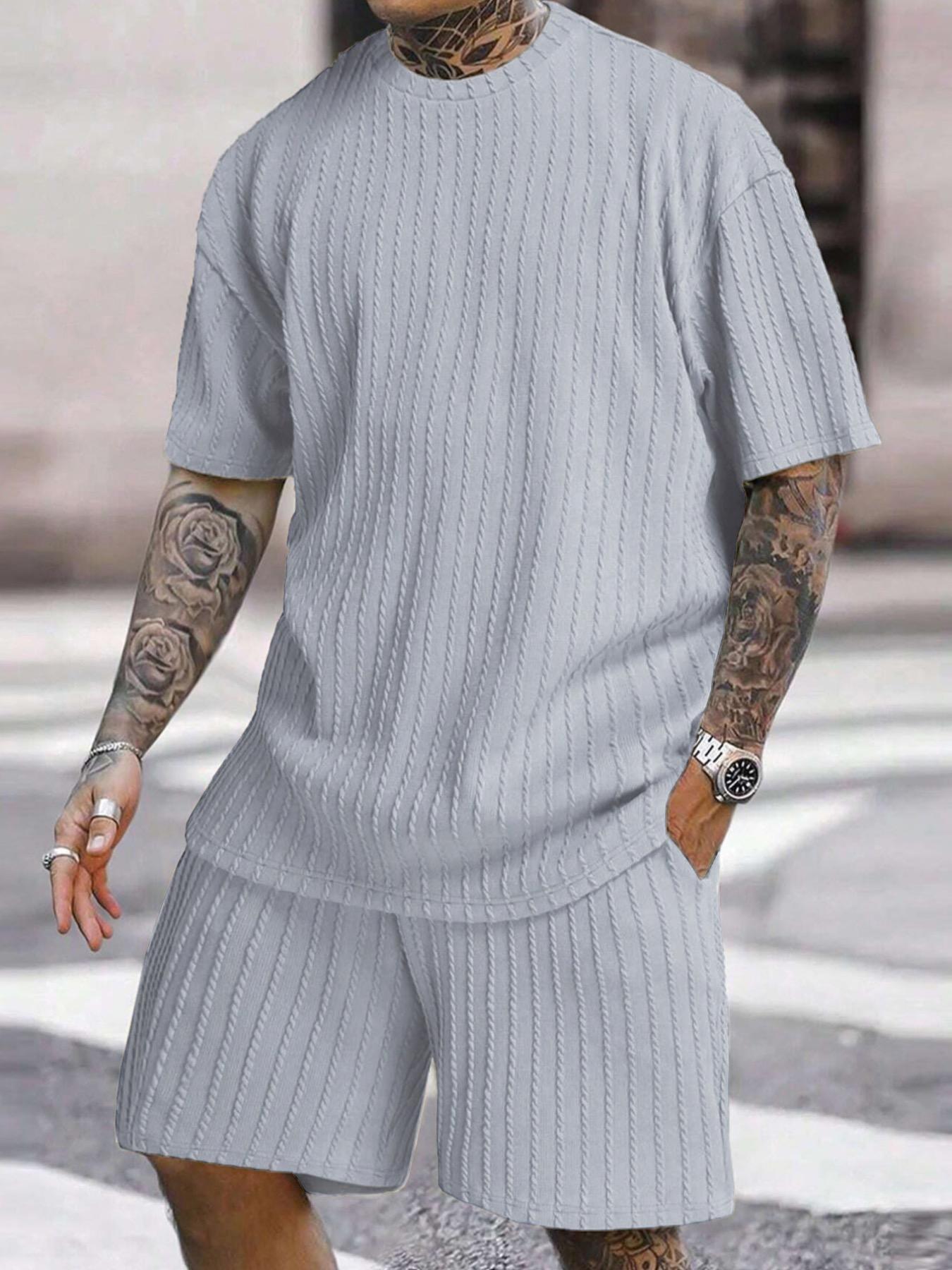 Men’s Streetwear 2-Piece Set – Soft Textured Knit Oversized Tee & Drawstring Shorts, Casual Summer Outfit Men’s Streetwear 2-Piece Set – Soft Textured Knit Oversized Tee & Drawstring Shorts, Casual Summer Outfit