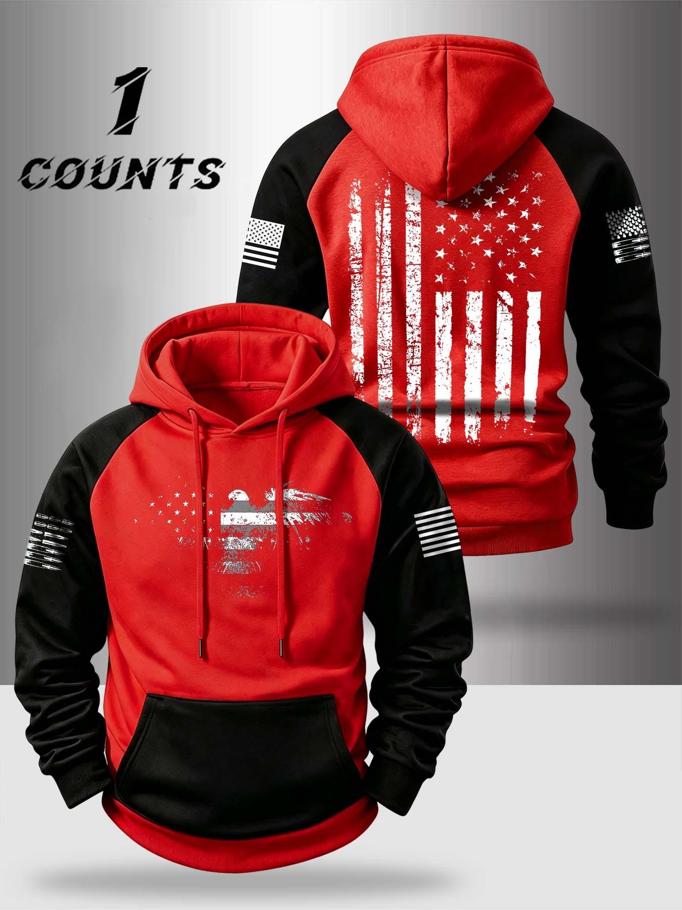 Autumn Winter Design Zipper Thickened Long Sleeve Hoodie, Pocket Portable Fashion Patchwork Colorblock Vintage Eagle Flag Pattern Comfortable Casual Streetwear Sweatshirt