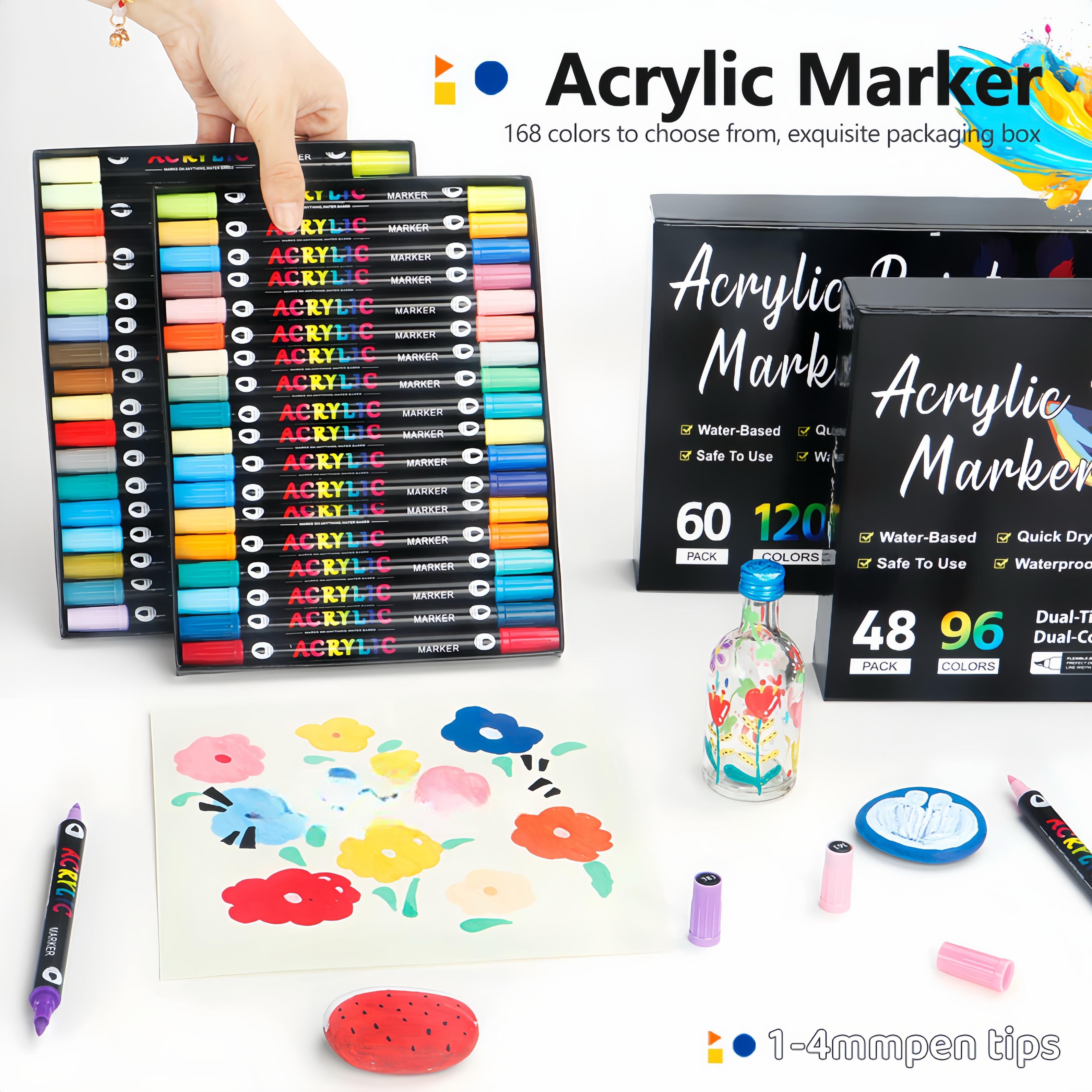 Acrylic Paint Markers Dual Tip Fine & Brush Nibs Non Toxic Waterproof Pigments for Rock Wood Canvas Glass Art Drawing Tools DIY Craft Supplies Gift Creative Tool for School Projects Classroom Activities School Essential Office Fun Brush Tip Color Marker