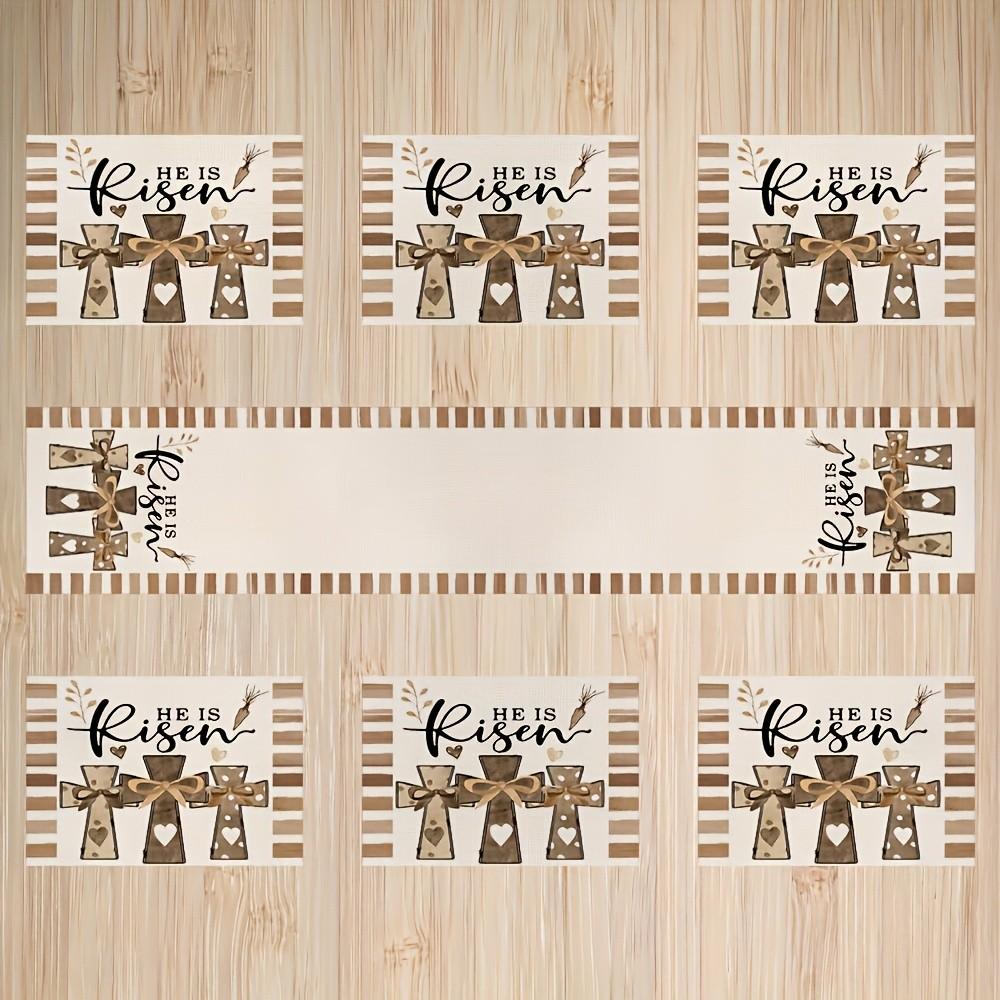 1/7pcs Easter Table Runner  Table Mats with "He is Risen" Design, Spring Holiday Decor for Indoor/Outdoor Dining, Festive Table Setting | Spring Holiday Decor | Table Mats, Easter Decorations