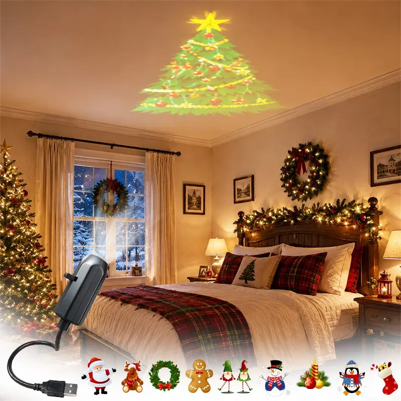 Christmas LED Mini Projector Light, USB Powered, 360° Rotatable, 1 Lamp + 3/6/10 Patterns, Home Decor, Wall Ceiling Bedroom Nightlight