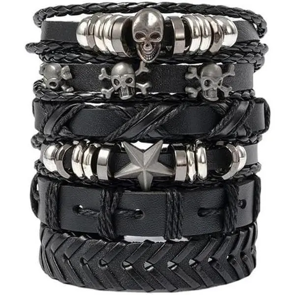 6Pcs Punk Braided Leather Bracelets Set, Black Punk Rock Skull Bracelet Gothic Cuff Wrap Bangle Multi-layer Bracelets Rock Wristbands for Men Women Leather Studded Cuff Wristband Set Festivals, Alt Outfits and Daily Wear