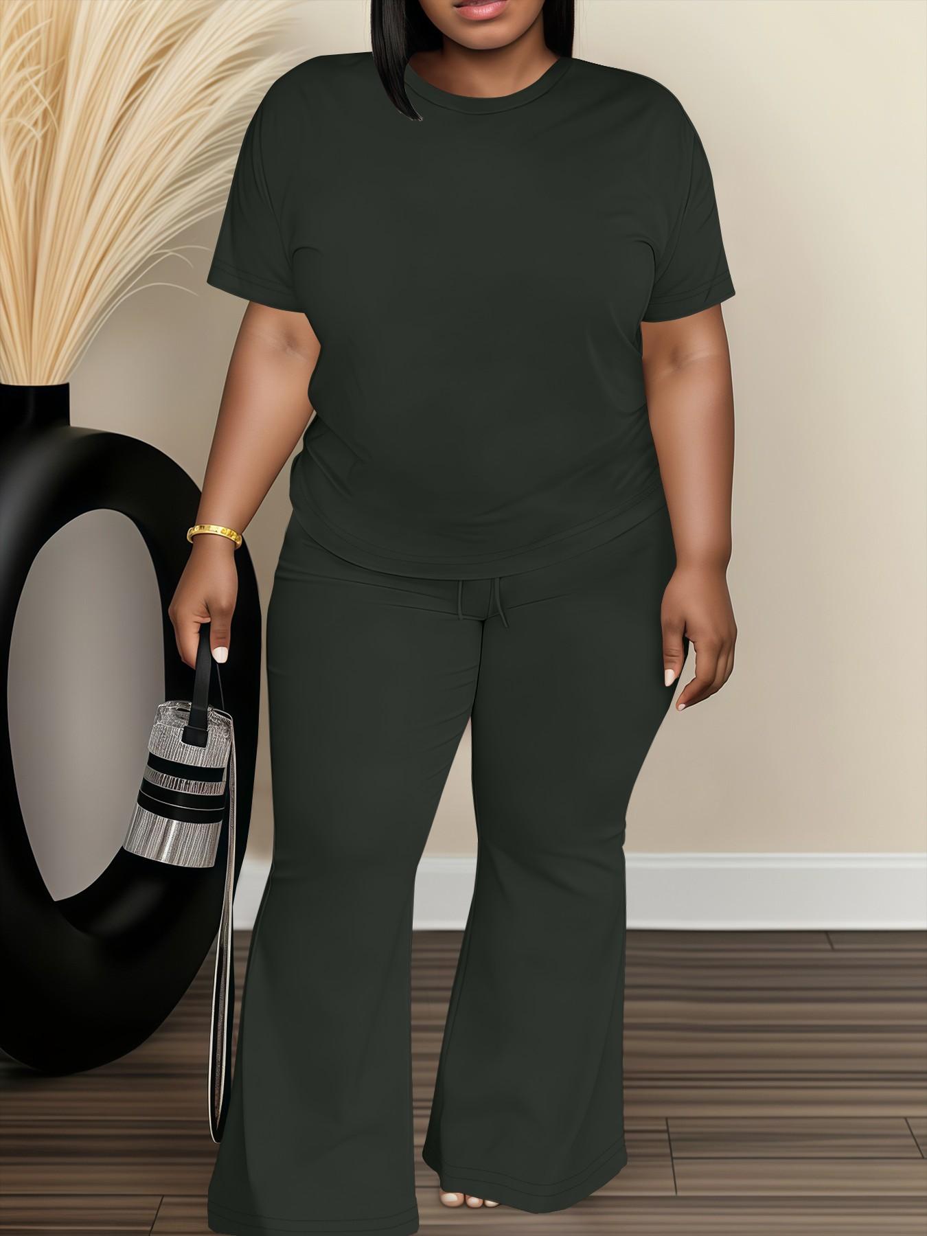 Women's Fashionable Big Size Casual Round Neck Short Sleeve Top & Loose Fit Straight Pants Set, Spring & Fall Comfortable Plain Design Women's Fashionable Big Size Casual Round Neck Short Sleeve Top & Loose Fit Straight Pants Set, Spring & Fall Comfortable Plain Design