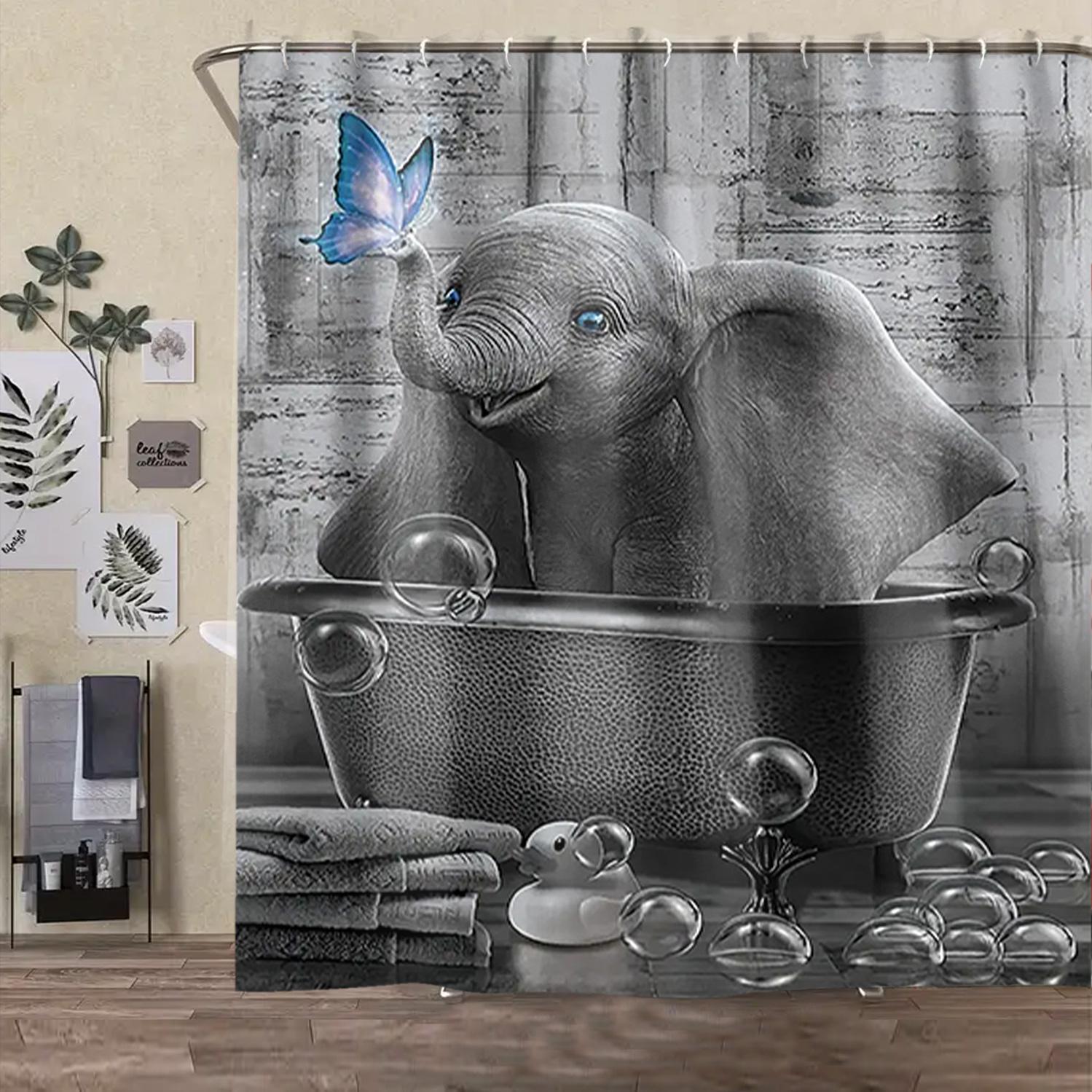Elephant Pattern Bathroom Accessories Set, Shower Curtain, U-Shaped Toilet Pad, Long Rectangle Mat, Toilet Seat Cover, Fashionable Bath Decor