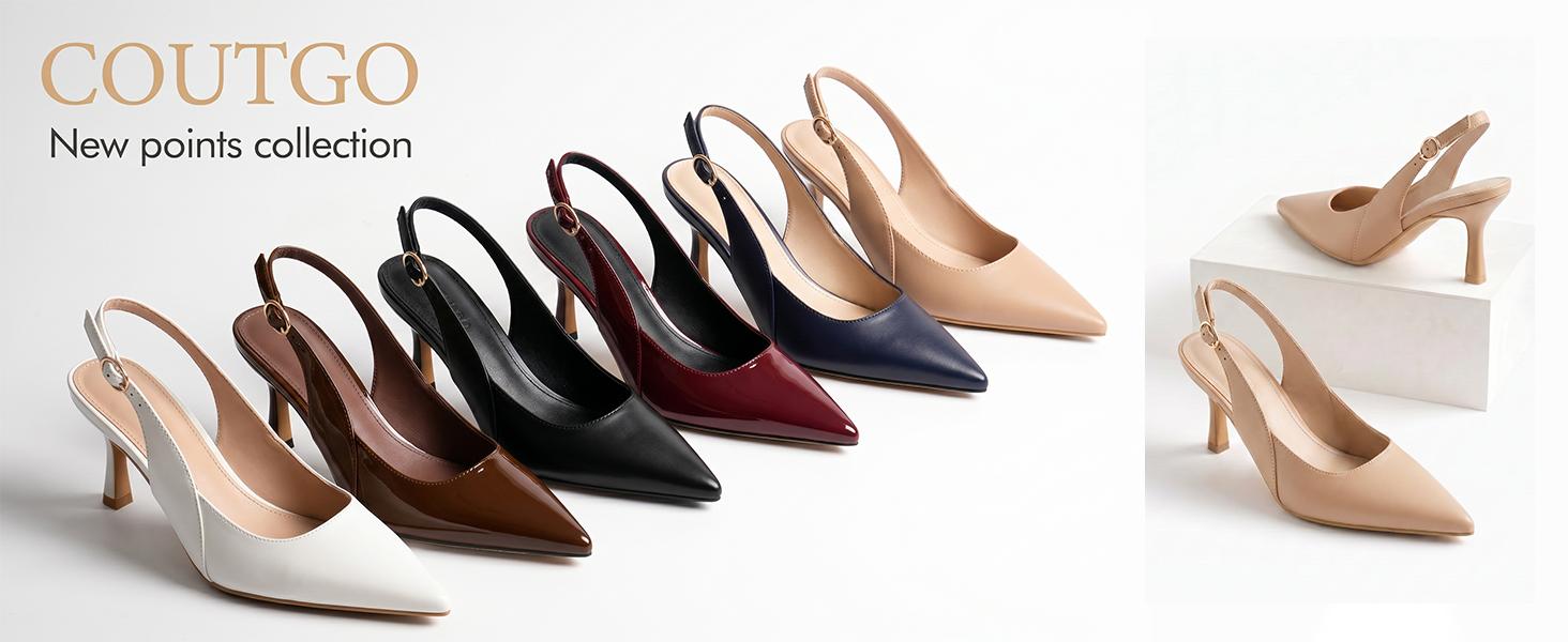 Coutgo Women's Chic Plain Footwear - Closed Pointed Toe Slingback Rubber Kitten Block Heel Pumps, Ideal for Work, Wedding Events, Casual, Buckle, Breathable, Elegant Evening Footwear, Shoe, Kitten Heels, Heels For Women