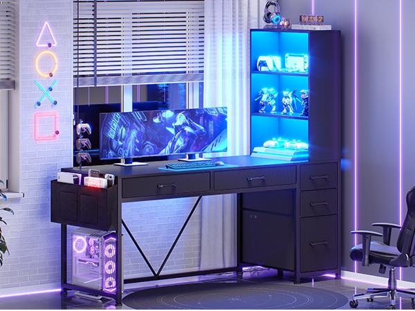 SEDETA 47.2 Inch Reversible Gaming Desk with LED Lights Drawer Storage Bookshelf for Small Spaces Organization Interior