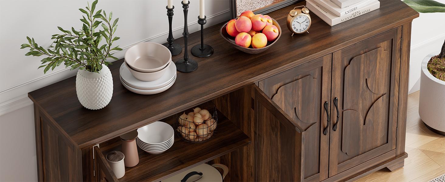 ONBRILL 63" Sideboard Buffet with 4 Carved Doors, Modern Storage Cabinets with Adjustable Shelves for Kitchen, Living Room Furniture【BlackFridayDeal】