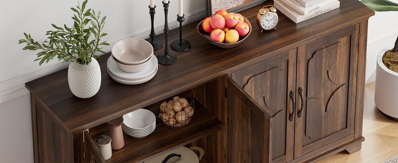 ONBRILL 63" Sideboard Buffet with 4 Carved Doors, Modern Storage Cabinets with Adjustable Shelves for Kitchen, Living Room Furniture【BlackFridayDeal】