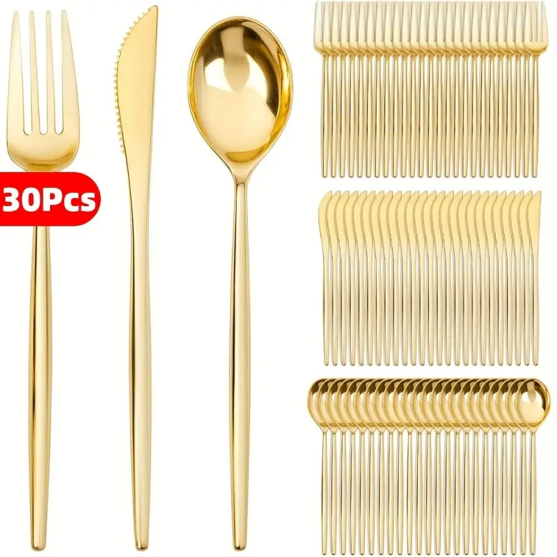 30-piece set of gold-colored plastic silverware, gold-colored disposable tableware, heavy-duty cutlery set, disposable silverware set includes 10 forks, 10 spoons, 10 knives, suitable for parties, Christmas, Halloween, New Year