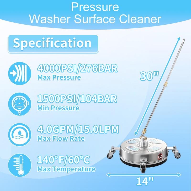 Tool Daily 14” Pressure Washer Surface Cleaner, Stainless Steel Driveway Power Washer Attachment with 4 Wheels, 2 Extension Wands, 4000 PSI，Christmas gifts