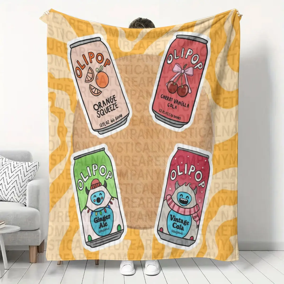 Olipop Cartoon Soda Can Print Flannel Blanket, Vintage Fun Sofa Cover, Lightweight All-Season Throw, Party Decor, Travel & Camping Blanket
