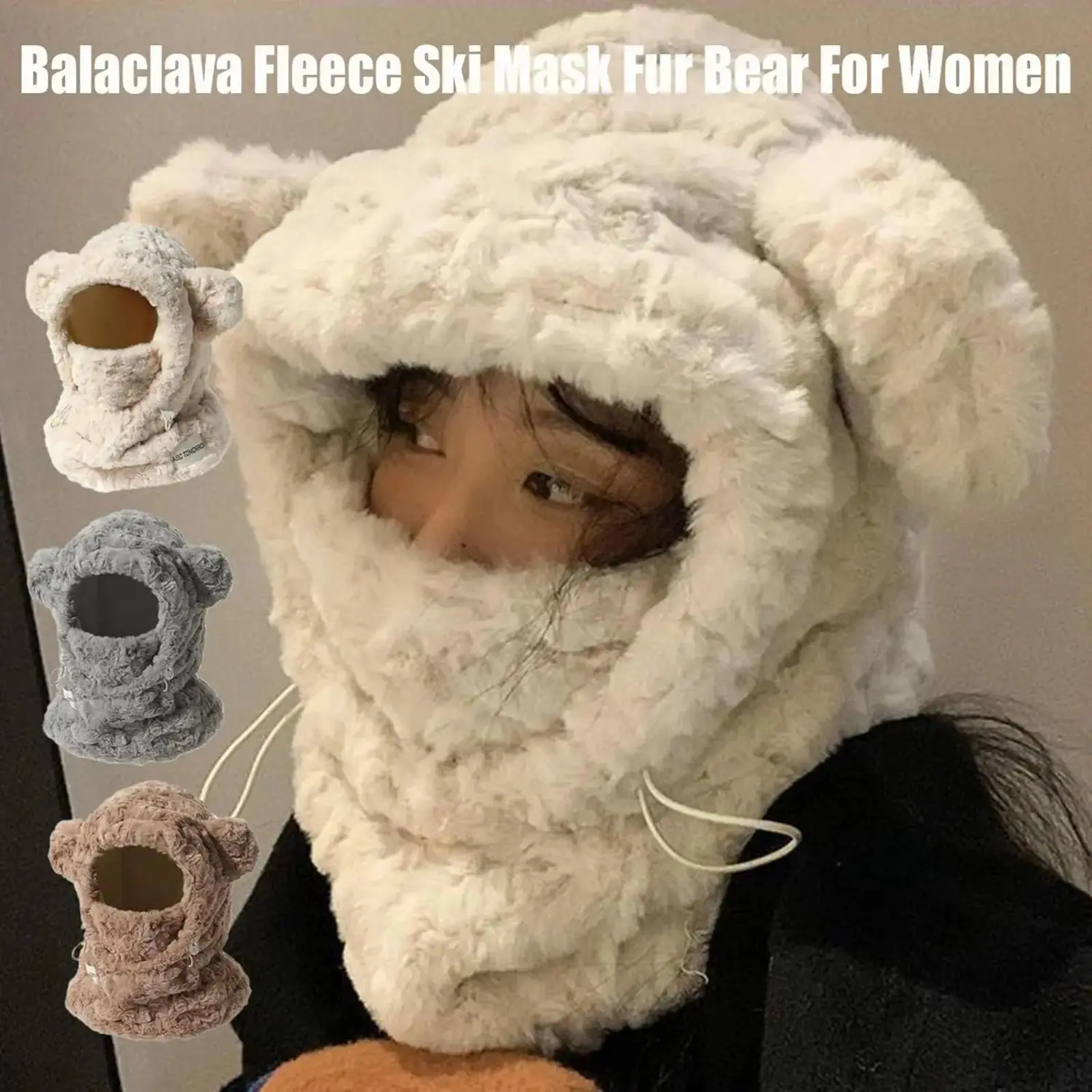 Women’s 3-in-1 Fleece Balaclava Ski Mask Plush Bear Hood Windproof Scarf Hat Adjustable Winter Headwear Soft Cozy Full Face Cover for Skiing Snowboarding Hiking Travel Outdoor Cold Weather Daily Wear Fashion Accessory