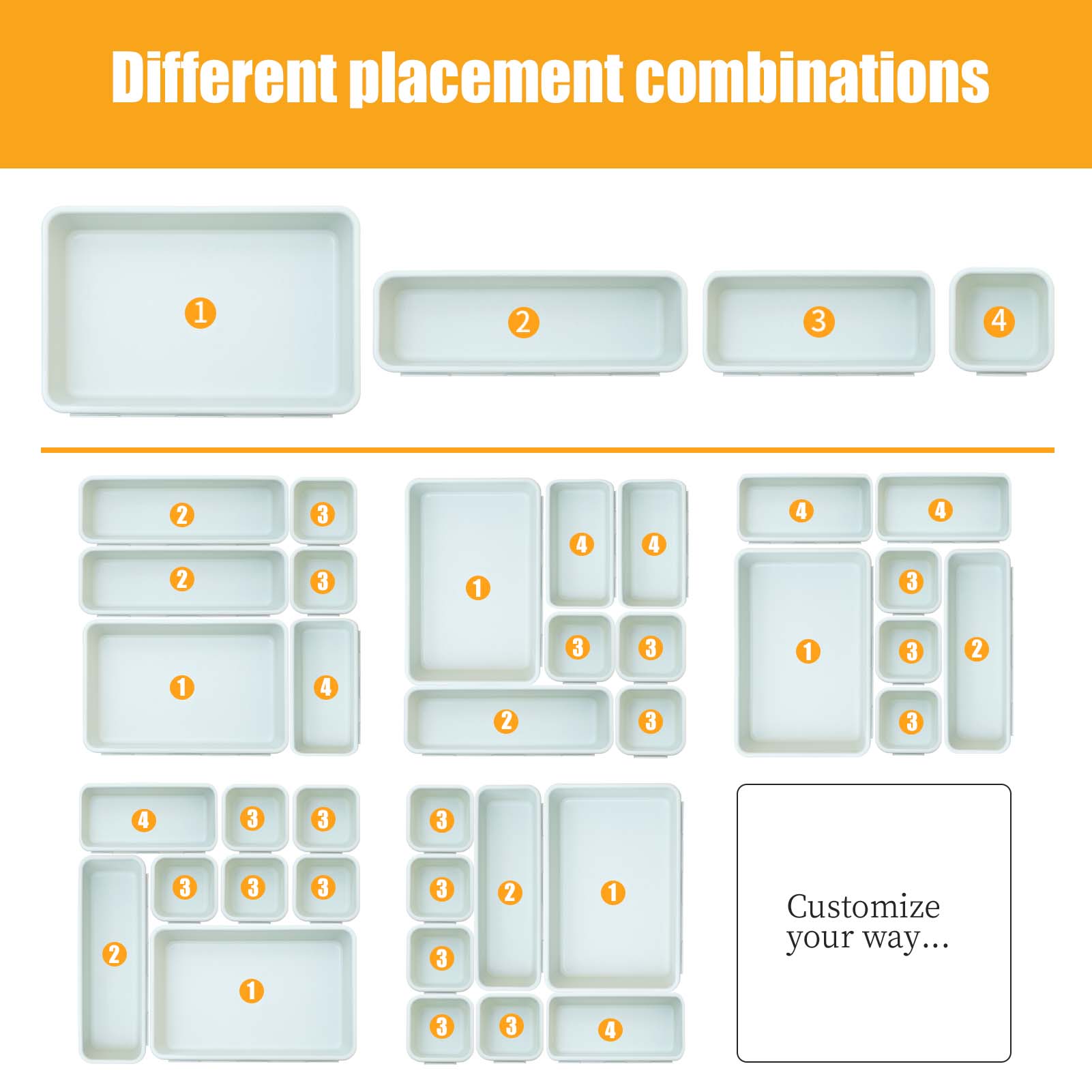 16-Piece Plastic Drawer Organizers Set - 4 Sizes, Versatile Storage Bins for Bathroom Vanity, Kitchen Utensils, Makeup, Office Supplies, Lightweight Sturdy, Bakeware