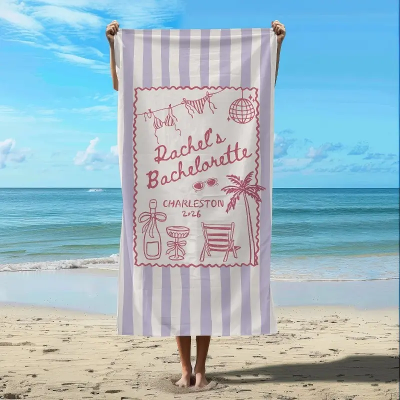 1 Personalized Bachelorette Party Beach Towel – Soft Microfiber • Retro Geometric Pattern • Large Size • Perfect for Beach Bachelorette Parties • Also Great as a Bridesmaid Proposal Gift