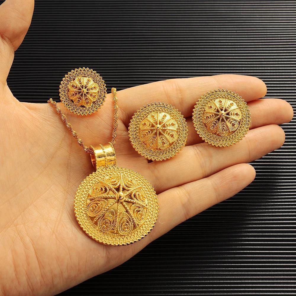 24K Gold Plated Fashion Ethiopian Earrings/Pendant/Ring Jewelry Sets Gold Plate Africa Bride Wedding Eritrea Set Gift