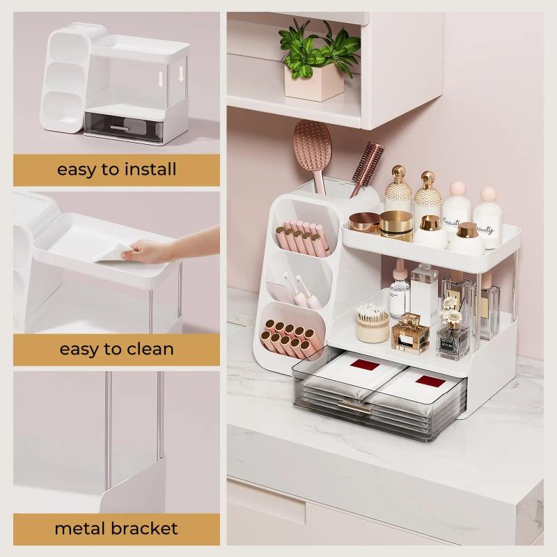 Large Capacity Makeup Storage Box, Makeup Brush, Lipstick, Eyebrow Pencil, Pocket Mirror, Desktop Makeup Organizer for Home & Travel, Cosmetics Organizer Storage, Makeup Brushes Organizer, Accessory Drawer, Gift, jewelry organizer