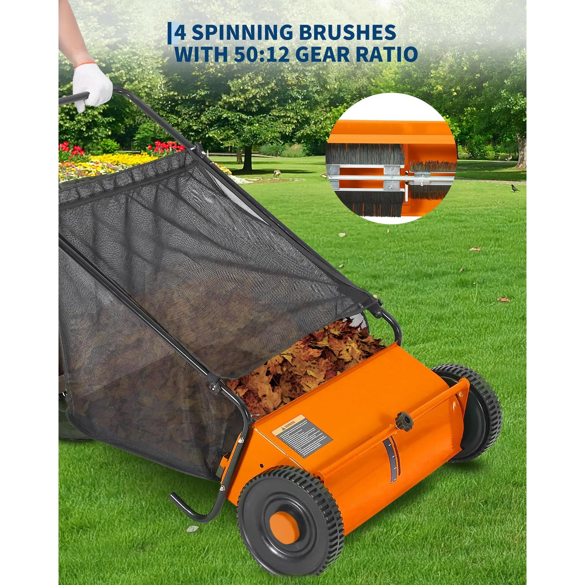 OP-Manual Push Lawn Sweeper - 26 in Walk-Behind Yard Leaf & Grass Sweeper, Adjustable Height, Heavy-Duty Steel Frame, Rubber Wheels, 4 Spinning Brushes, 7 cu ft Collector