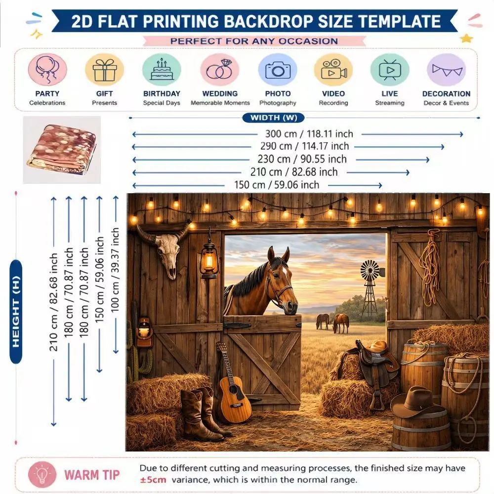 2D 1pc Western cowboy barn wall backdrop fabric, Decor, retro ranch, wooden barn door, sunset grassland, horse, cowboy boots, guitar and string light elements, suitable for western theme parties, multiple sizes available