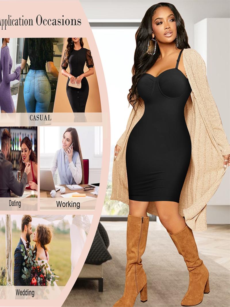 Women's  Basic Solid Adjustable Strap Seamless Bodycon Shapewear Slip, Casual Plain Spaghetti Strap Tummy Control Dress Slip for Under Dress, Ladies Cami Body Shaper for Club Party, Underwear