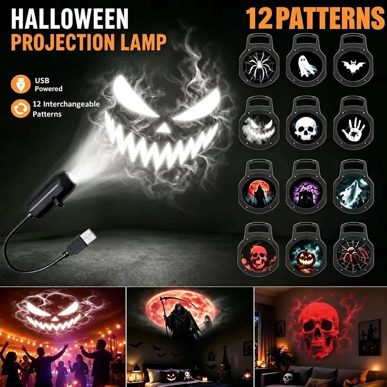 USB Projector Light Halloween Ghost Skull Night Light Switchable Pattern LED Projector Lamp for Room Ceiling Window Wall Decor