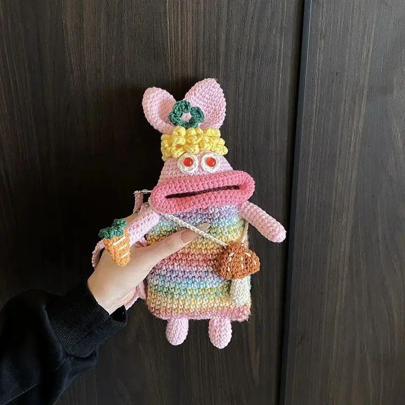 JIAERDI Bunny Big Mouth Shoulder Bag Women Handmade Knit Color Block Crossbody Bag Ladies Fashion Trendy Cartoon Whimsical Purse