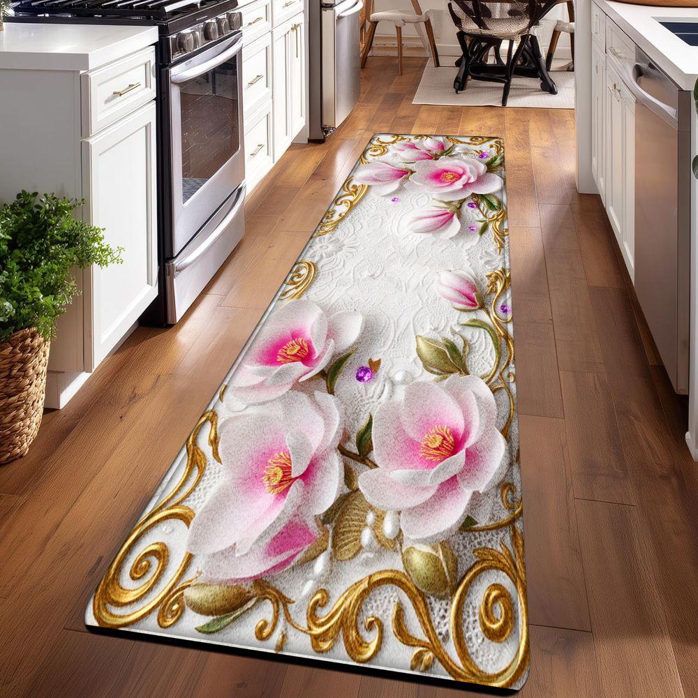 1PC， Pink and White Magnolia Flowers with Gold Ornaments Patterned strip rugs, home décor, bathroom mats, entryway mats, bathroom non-slip mats, indoor entrance rugs, bedroom bedside mats, kitchen mats, hallway rugs, flannel sponge rugs