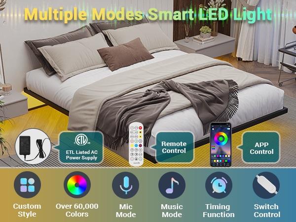 Hasuit LED Floating Bed Frame, Full Bed Frame with Smart LED Lights & Power Outlet, Heavy Duty Metal Platform Bed Frame, Easy Assembly, Bedroom Furniture, Black