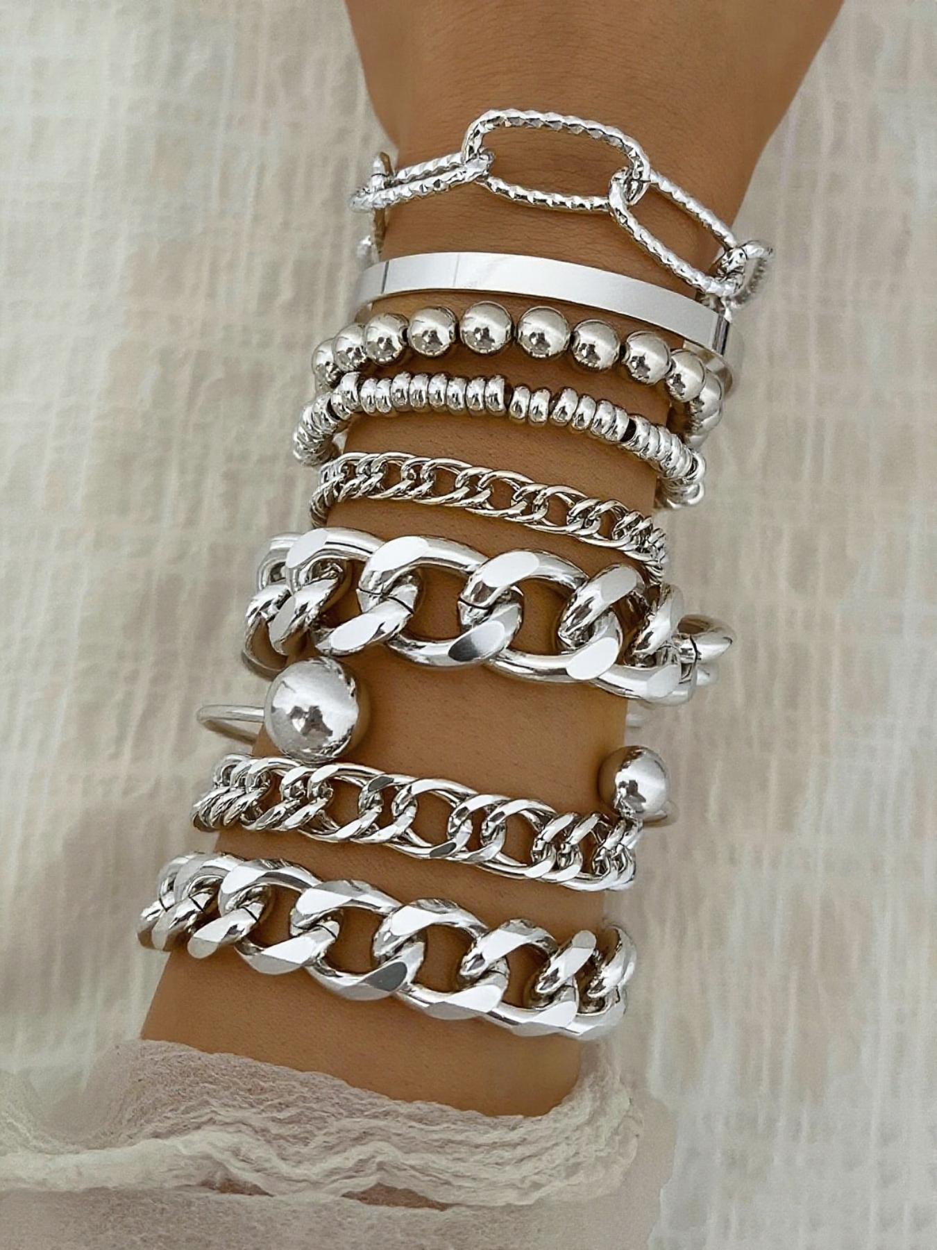 Women's Punk Style Link Bracelets Set, Stackable Bracelets, Casual Aluminum Chain Jewelry for Daily Wear, Perfect Gift for Birthdays & Parties