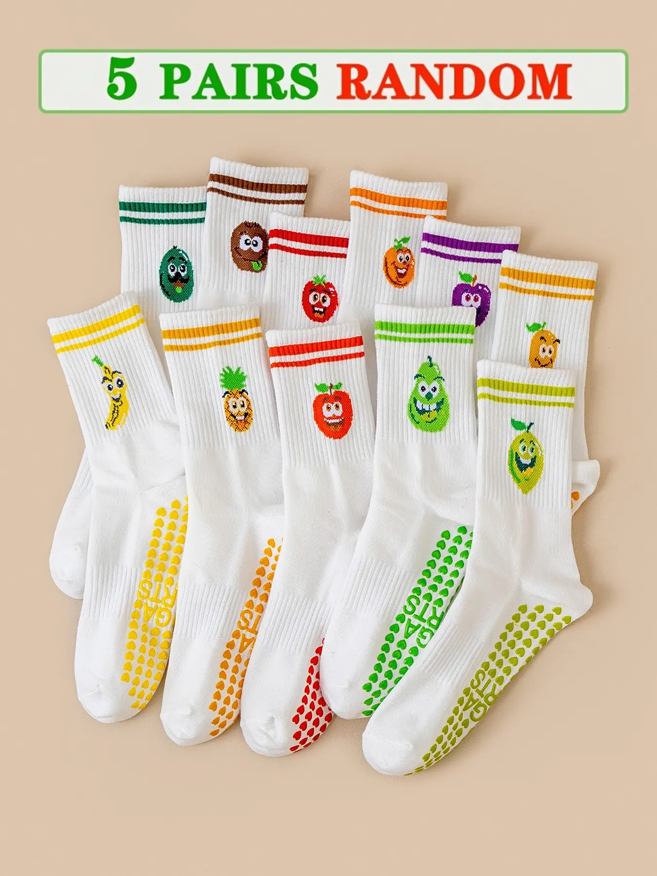 Women's Striped Fruit Print Crew Socks, Cute Apple Banana Pineapple Design, Non-Slip Heart Glue Sole, Ideal for Yoga and Daily Wear