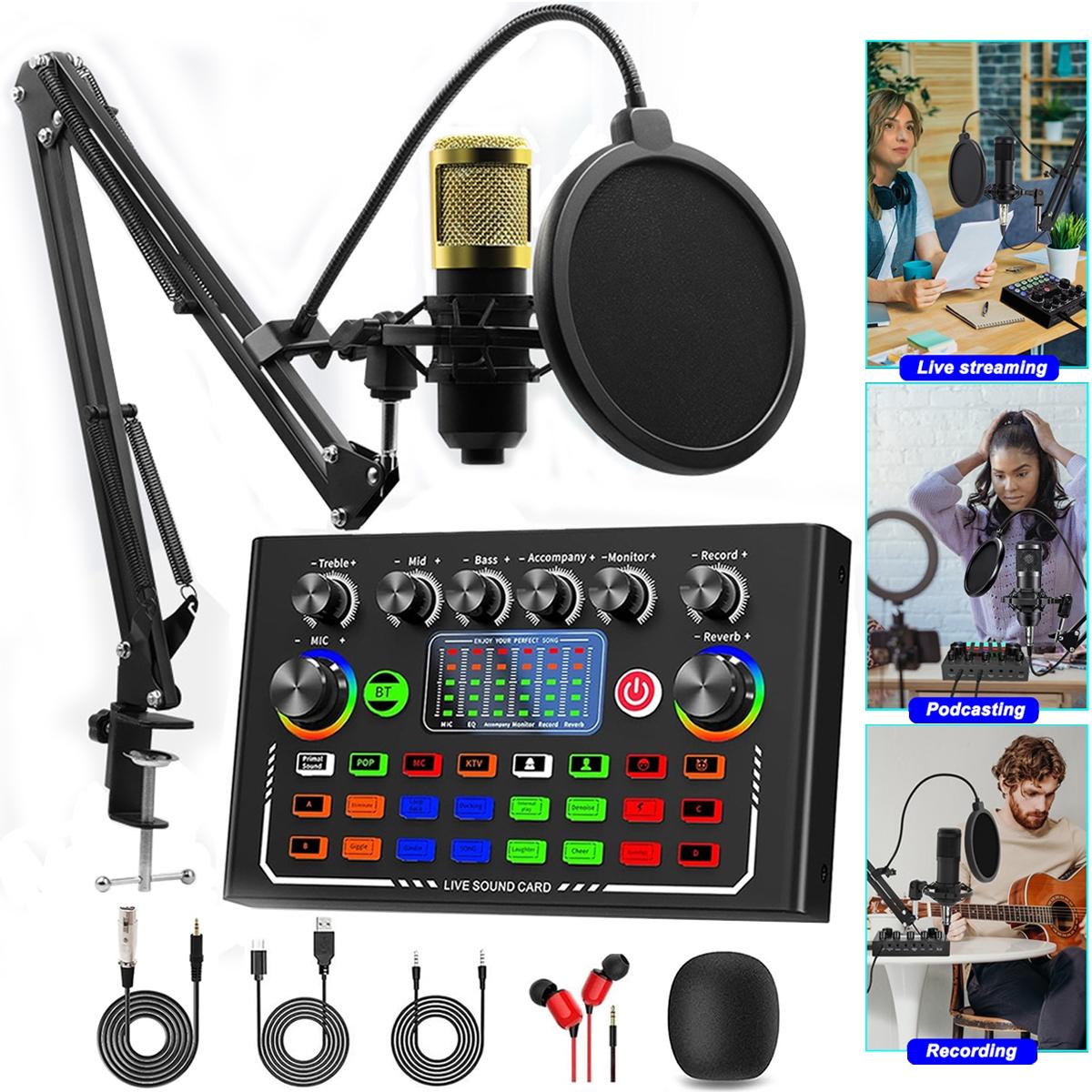 Professional Podcast Equipment Set BT Connection Bm-800 Microphone Kit Dj Sound Control Mixer Live Audio Mixer for Phone Computer Laptop Live Streaming Music Singing
