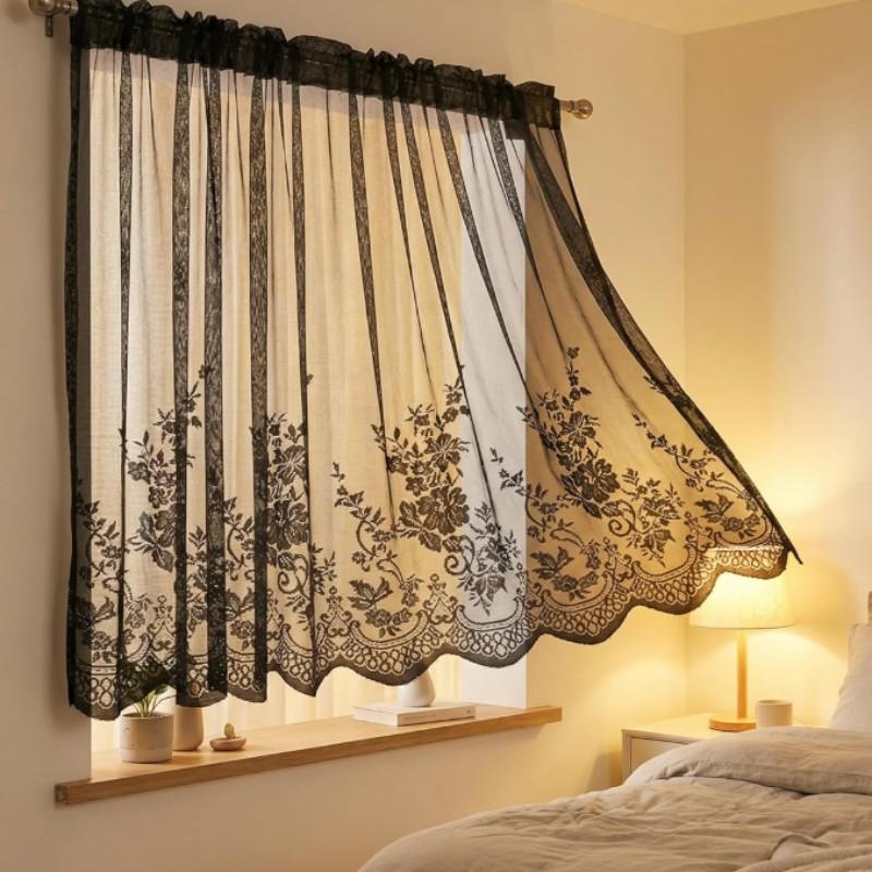 Lace Floral Embroidered Semi-Transparent Curtain, Kitchen Coffee Shop Restaurant Bathroom Decor, Elegant Window Treatment