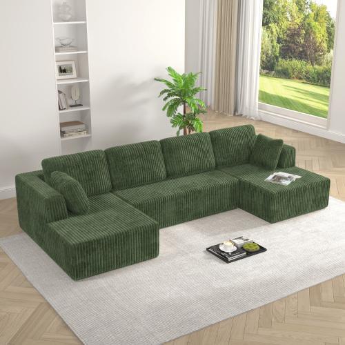 [3 or 2 Packages Shipped] [sectional sofa couch] Niccae U-shaped Modular Sectional Sofa, Compressed Corduroy Fabric, Modern Style Living Room Sofa Bed, Space-Saving Recliner Design - Convertible Corduroy Sectional Sofa