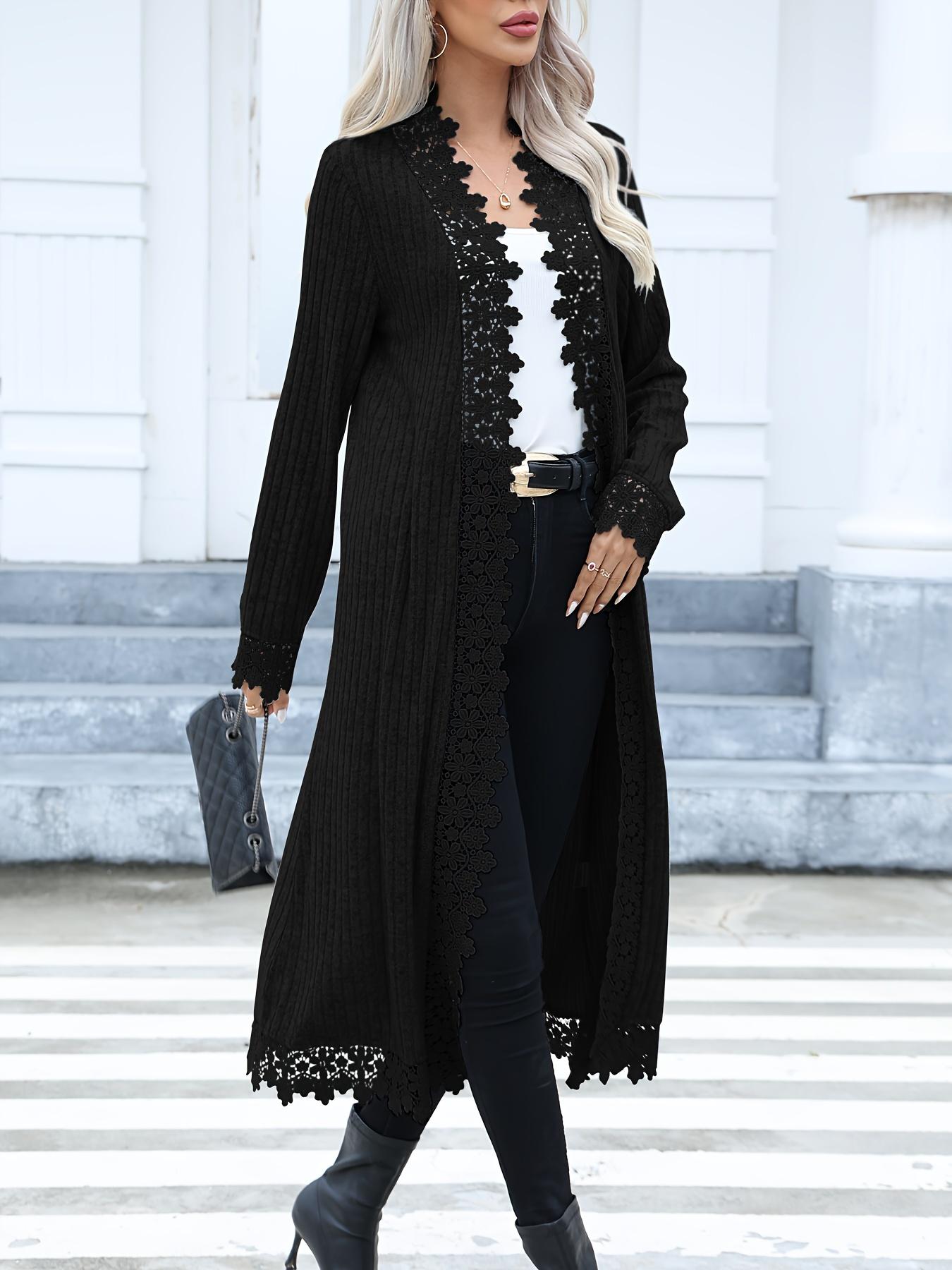 Women's Contrast Lace Open Front Longline Coat, Casual Long Sleeve Ribbed Outerwear for Spring & Fall, Ladies Clothes for Daily Wear