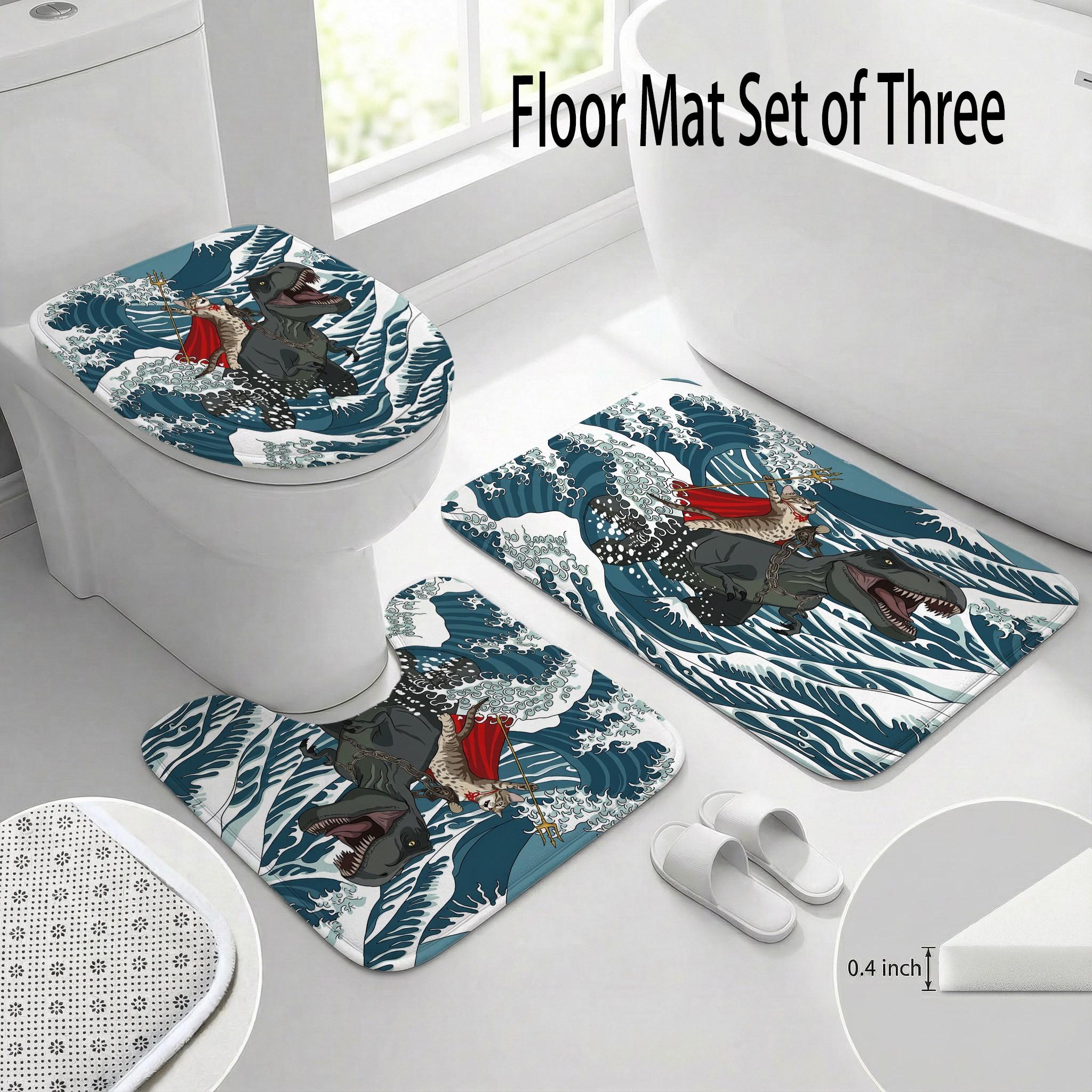 Funny Cat Dinosaur Shower Curtain, Ukiyo-e Japanese Wave with Super Cat Riding Tyrannosaurus, 72" x 72" Durable Mildew Resistant Bath Curtain Set