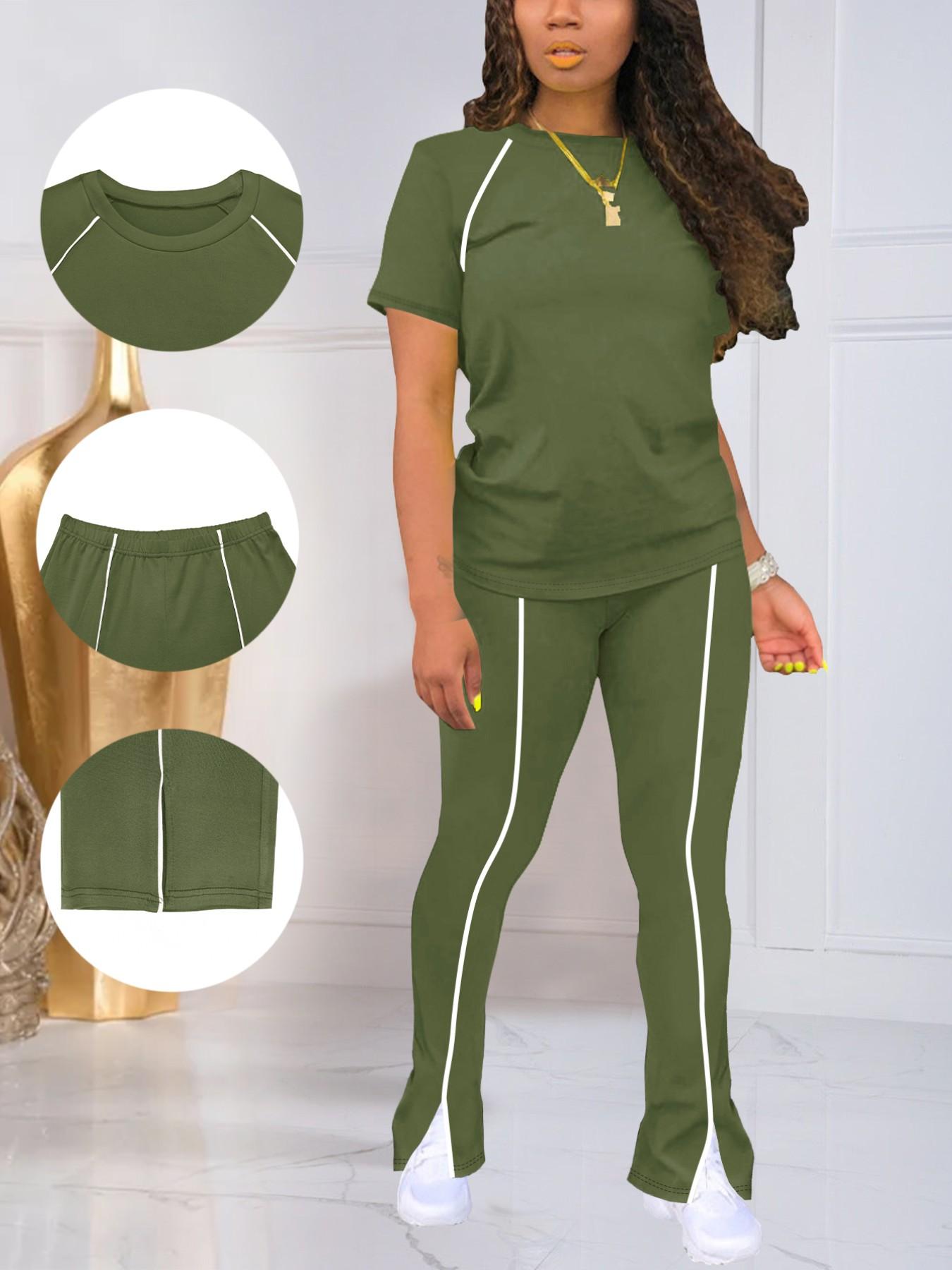 Summer Fashion New Round Neck Solid Color Striped Patchwork Short Sleeve Fitted Top with Long Pants Set, Women's Two-Piece