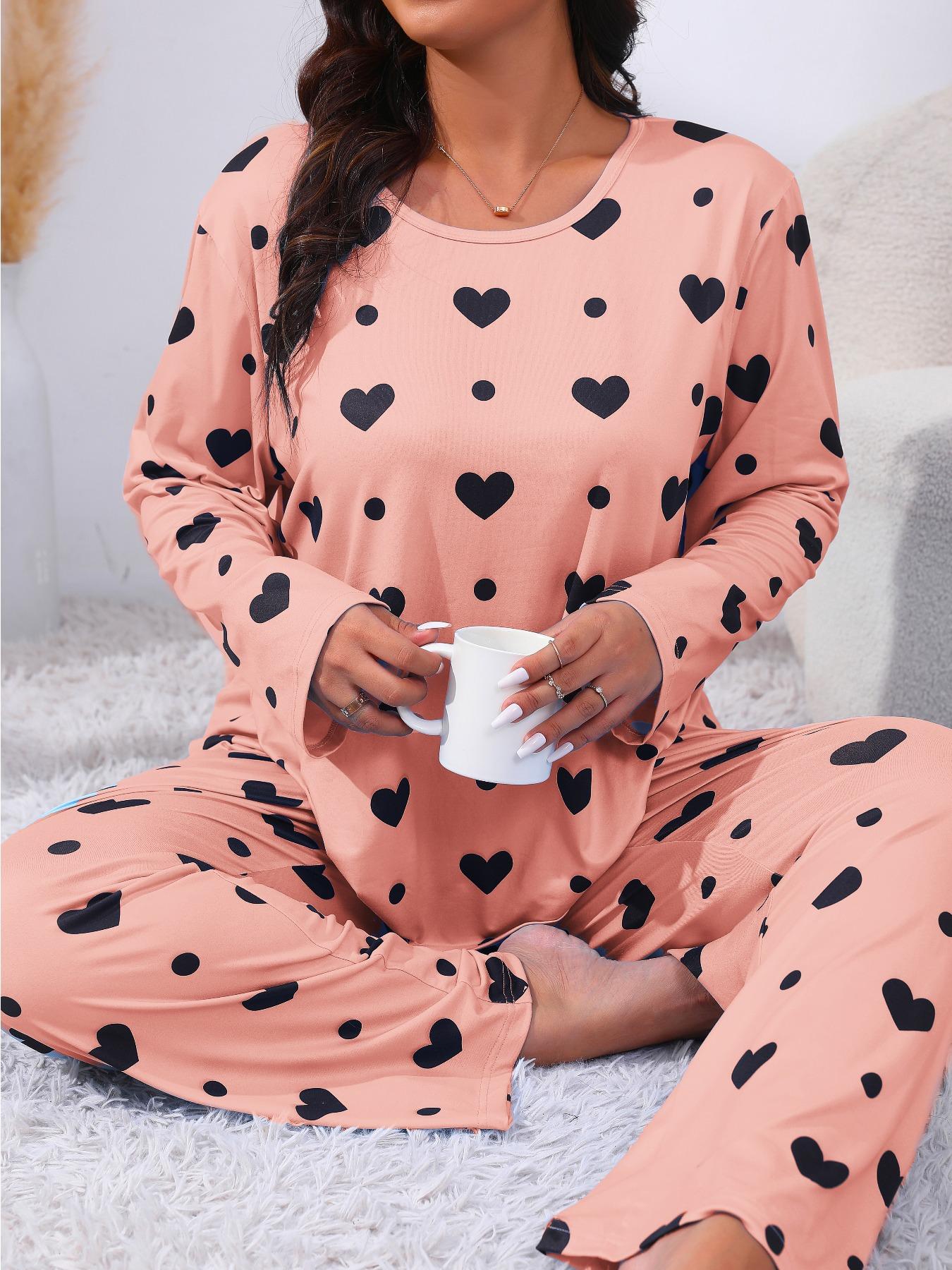 Plus Size Heart Print Drop Shoulder Pyjama Set, Casual Comfy Long Sleeve Round Neck Top & Trousers PJ Set, Pajamas, Summer Outfits 2024, Women's Sleepwear for Spring & Fall