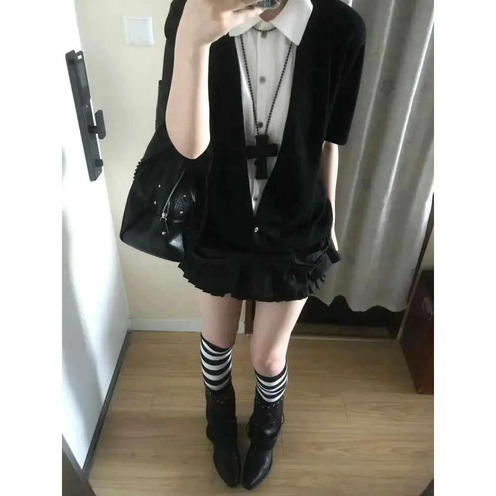 Y2K Korean Streetwear Japanese Subculture 2pcs Set Women Black White Short Sleeve Bow Detail Pleated Mini Skirt Campus Outfit
